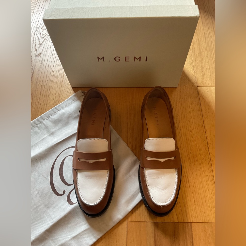 M. Gemi Two-Tone Tan and White Leather Penny Loafers, Size 39.5 or 8.5-9
